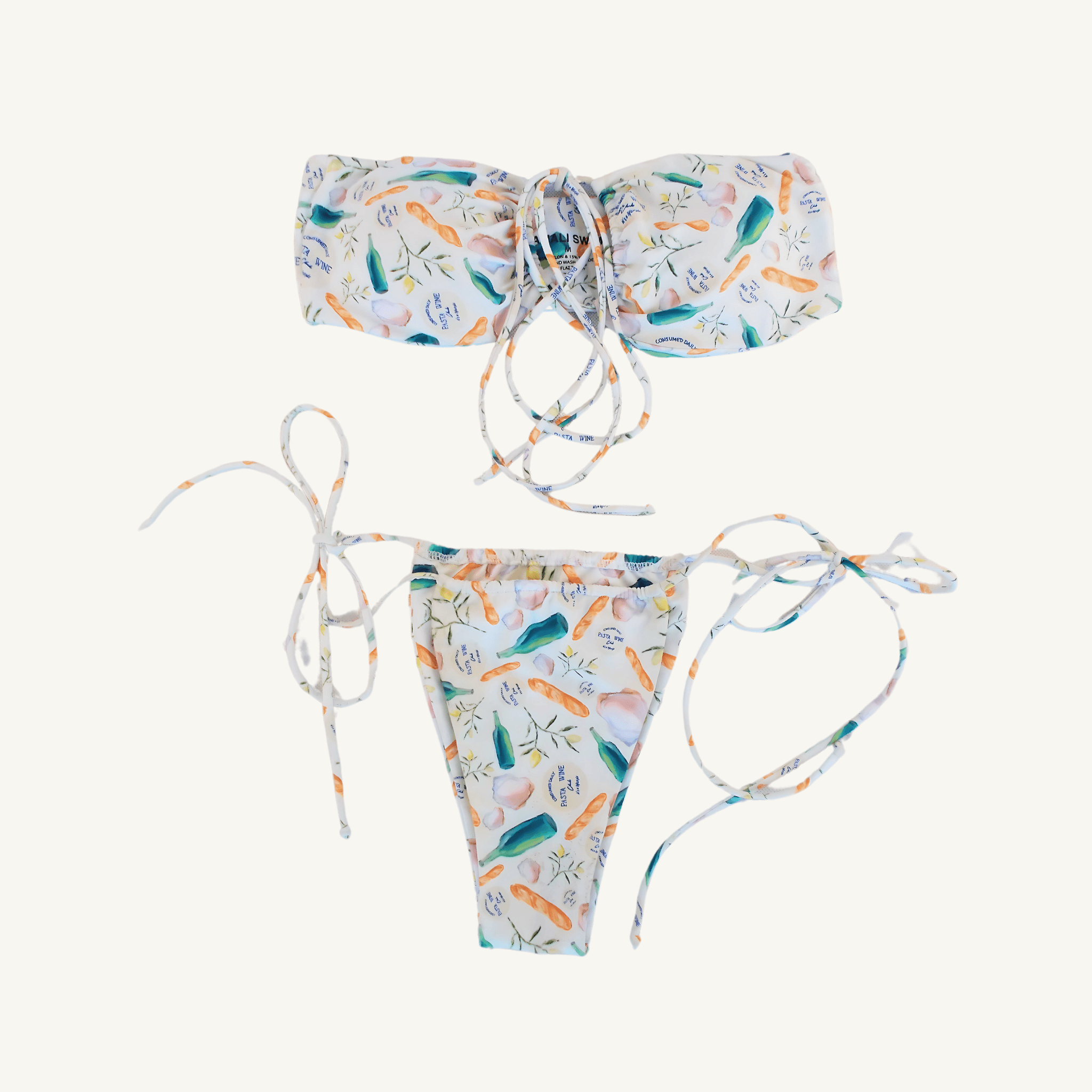 Two-piece bikini set featuring a bandeau-style top and tie-side bottoms with a colorful wine and pasta-themed print on a white background, designed for a stylish and playful summer look. | PicSEO 1778548978564