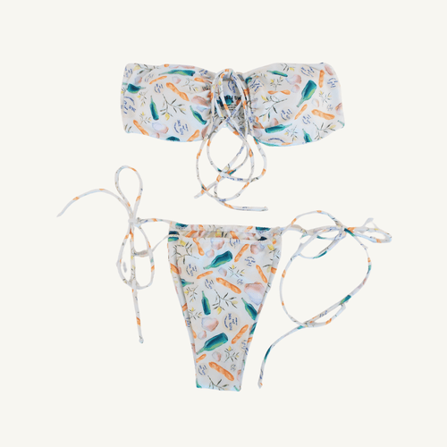 Two-piece bikini set featuring a bandeau-style top and tie-side bottoms with a colorful wine and pasta-themed print on a white background, designed for a stylish and playful summer look. | PicSEO 1778548978564