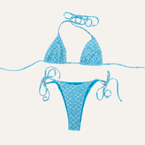 Light blue checkered bikini set featuring a floral pattern, with adjustable triangle top and matching tie-side bottoms designed for a customizable and comfortable fit. | PicSEO 1778549017999